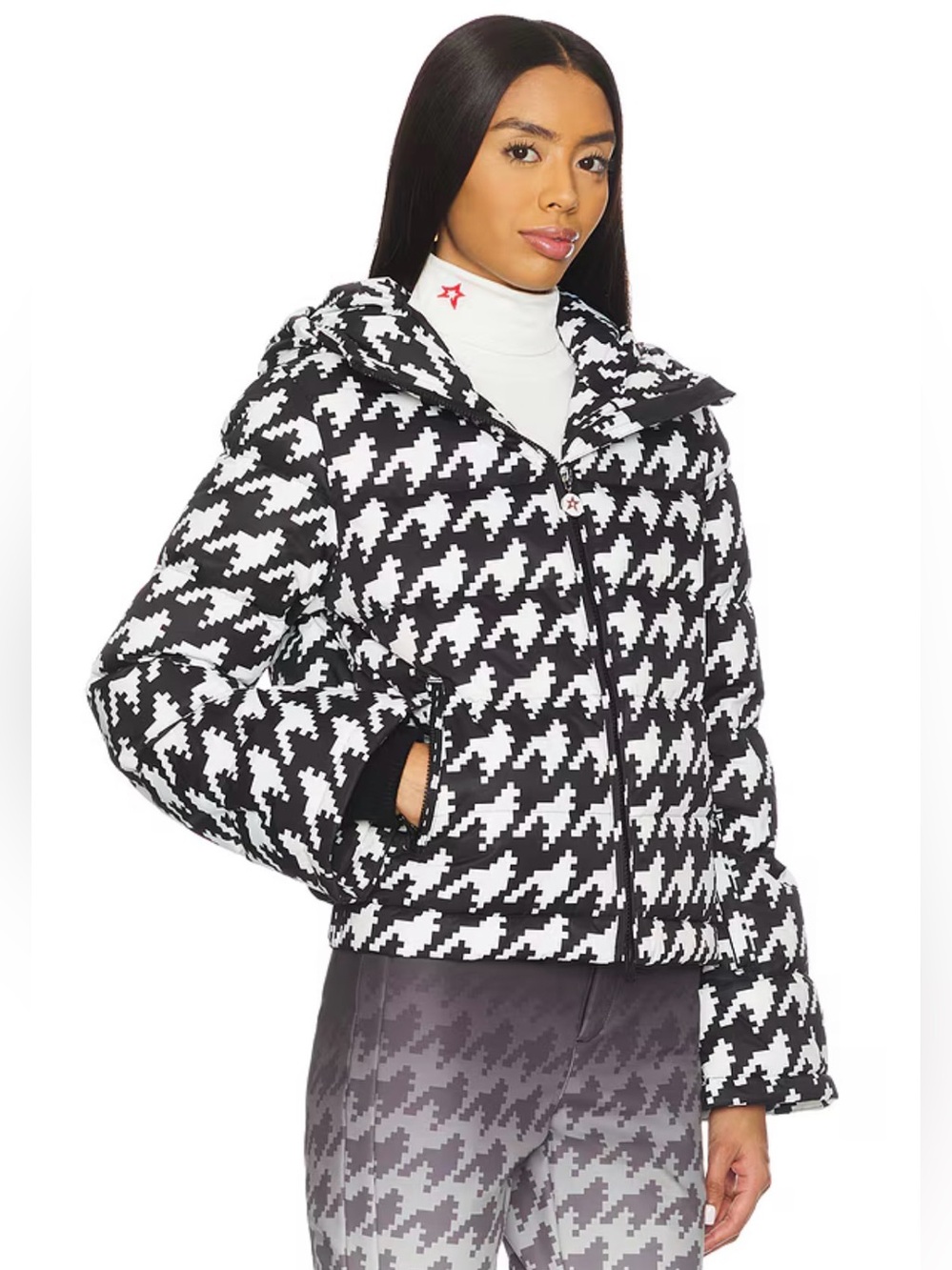 Perfect Moment Polar Flare Down Ski Jacket Houndstooth Print Black White Medium